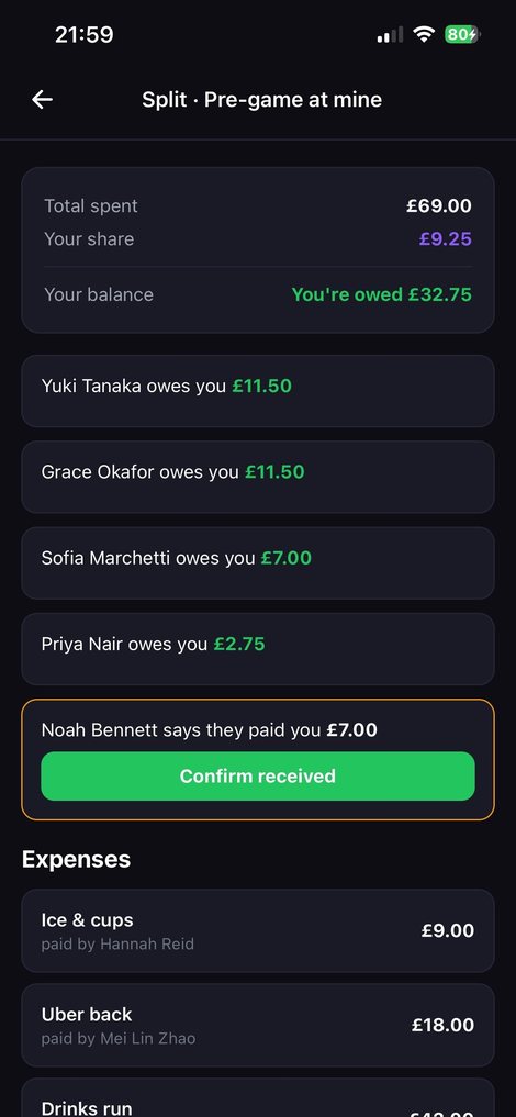 Expense split screen